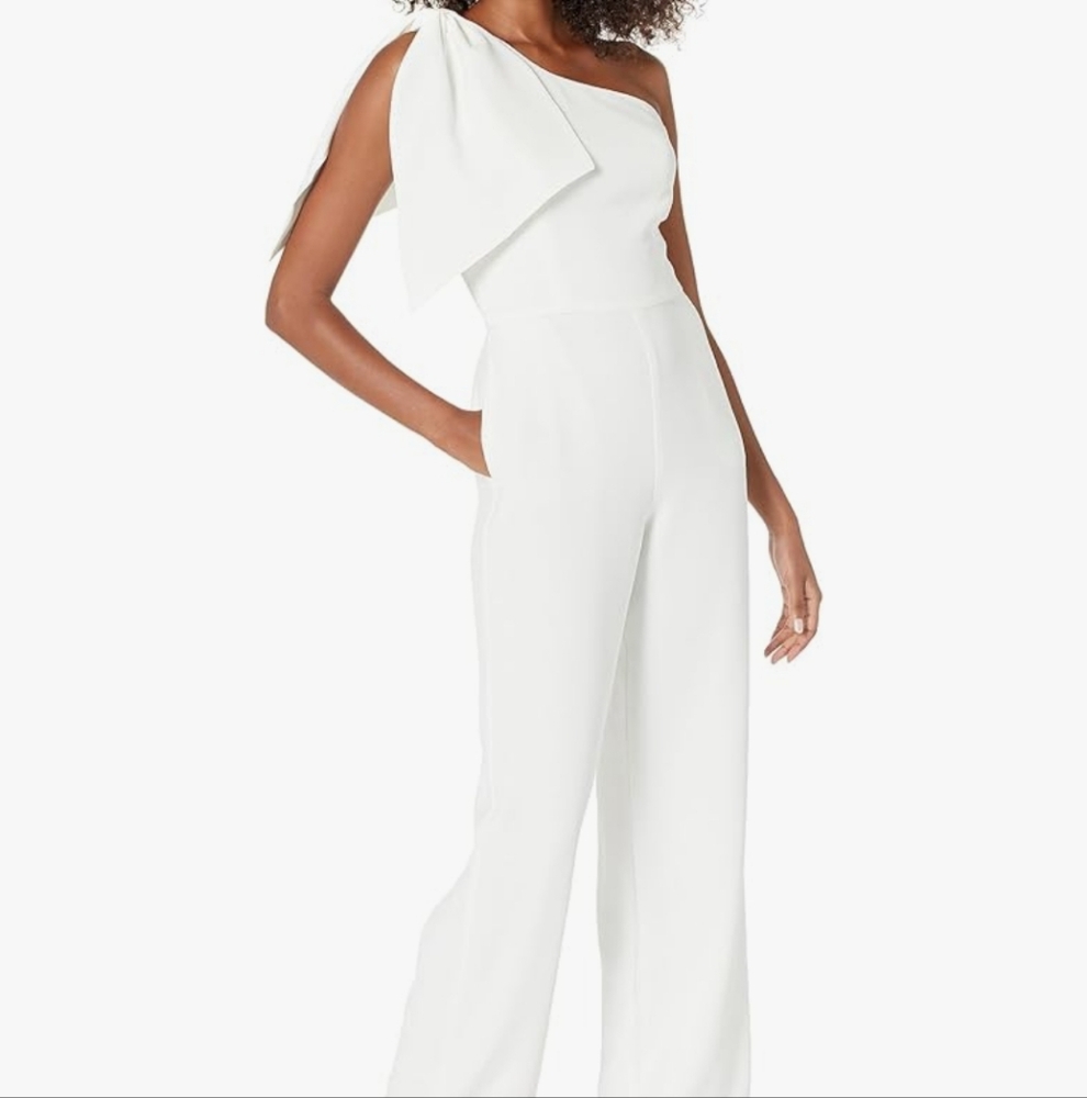 Dress The Population Elegant White One-Shoulder Jumpsuit